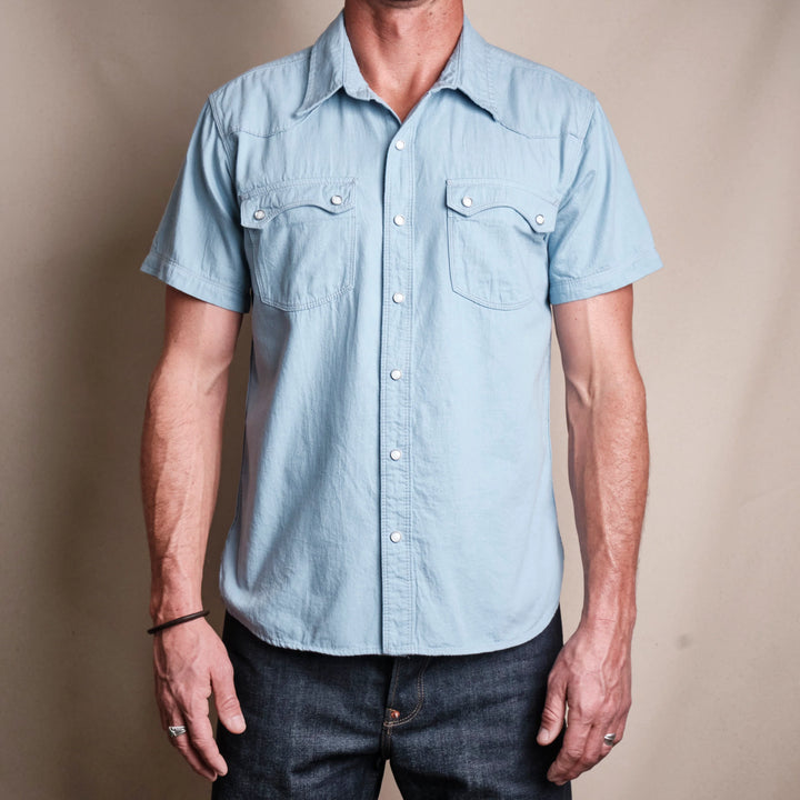 Freenote Cloth Modern Western Short Sleeve Chambray - Clear Blue