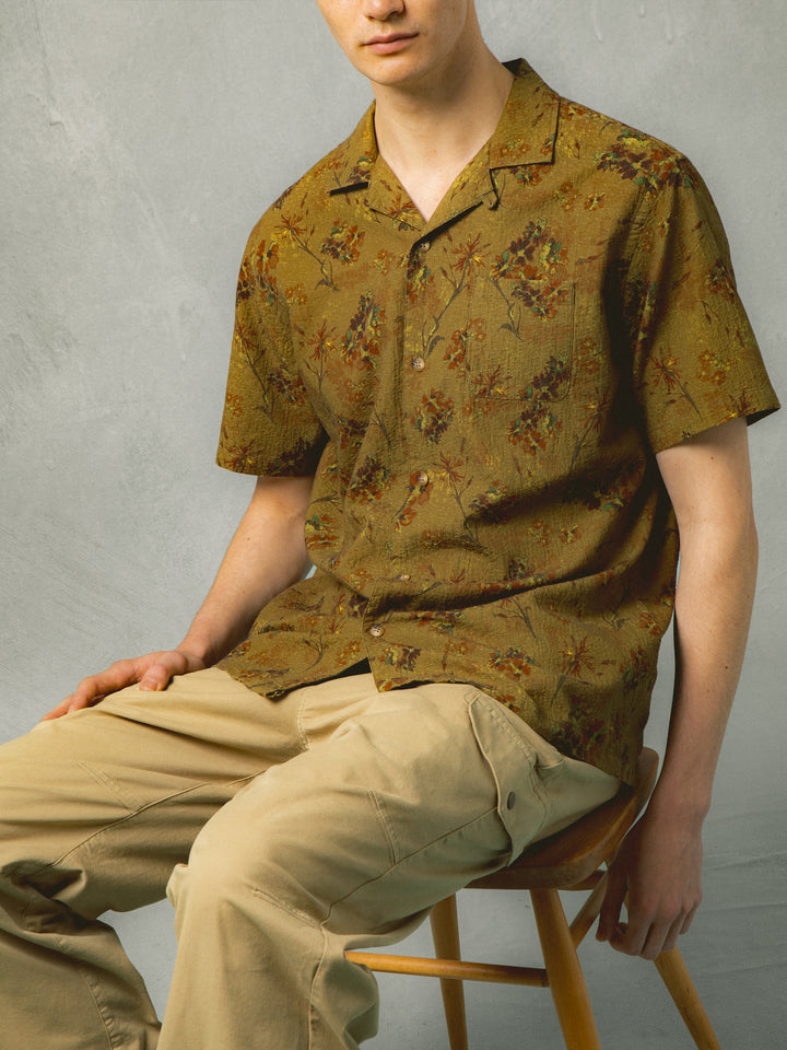 Kestin - Crammond Shirt in Olive Floral Textured Cotton