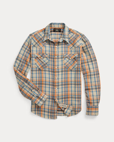 RRL Slim Fit Plaid Twill Western Shirt - Blue/Orange Multi