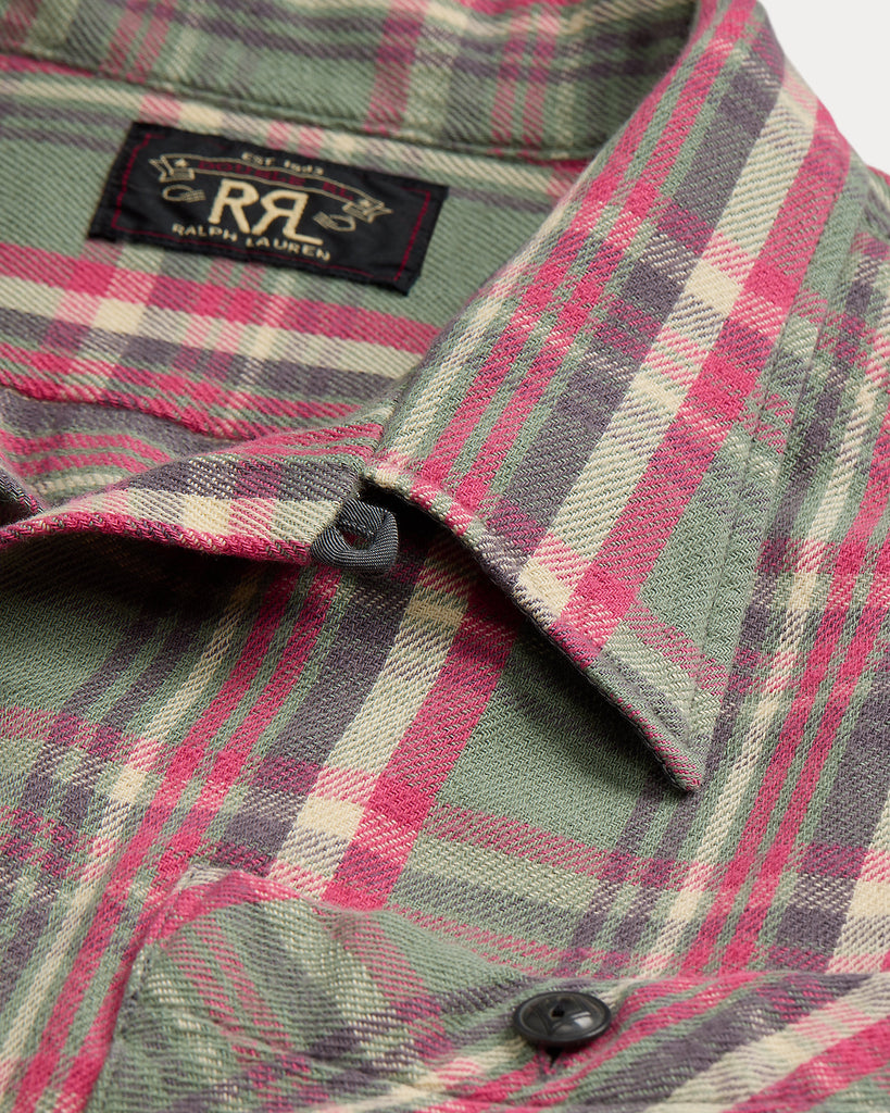 RRL - Plaid Twill Camp Shirt - Sage/Red Multi