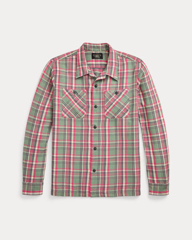 RRL - Plaid Twill Camp Shirt - Sage/Red Multi