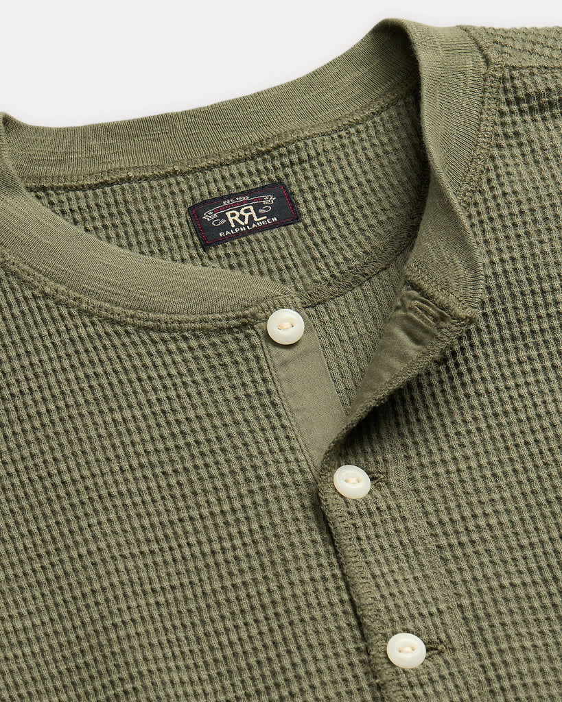 RRL Garment-Dyed Waffle-Knit Henley Shirt - Olive