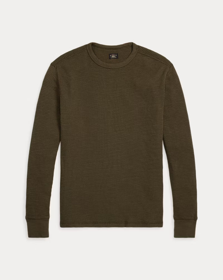 RRL Garment Dyed Waffle Knit Crewneck - Olive Brown