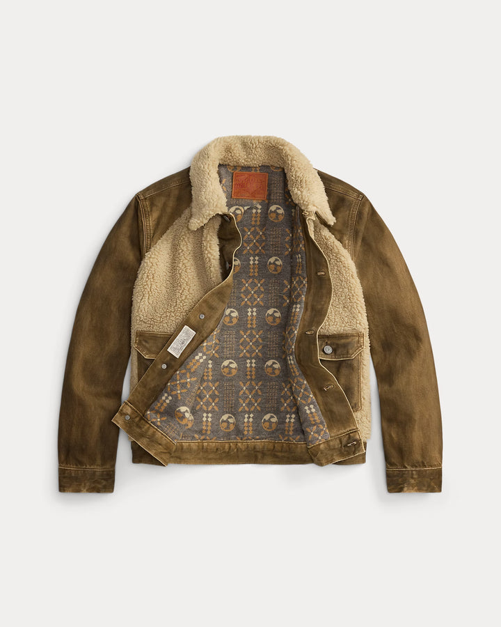 RRL Fleece-Panel Denim Trucker Jacket - Distressed Brown