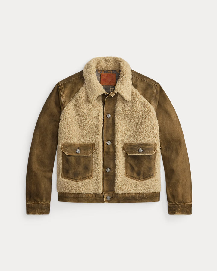 RRL Fleece-Panel Denim Trucker Jacket - Distressed Brown